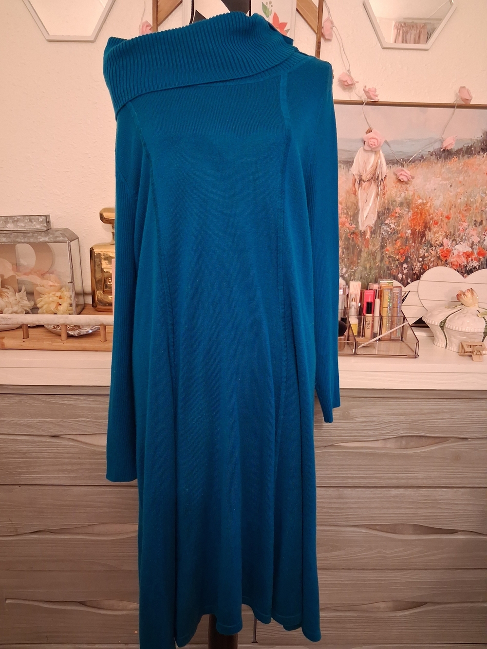 Vicky Tiel Asymmetric Cowl Neck Sweater Dress BOff-Shoulder Teal Midi Knit Dress